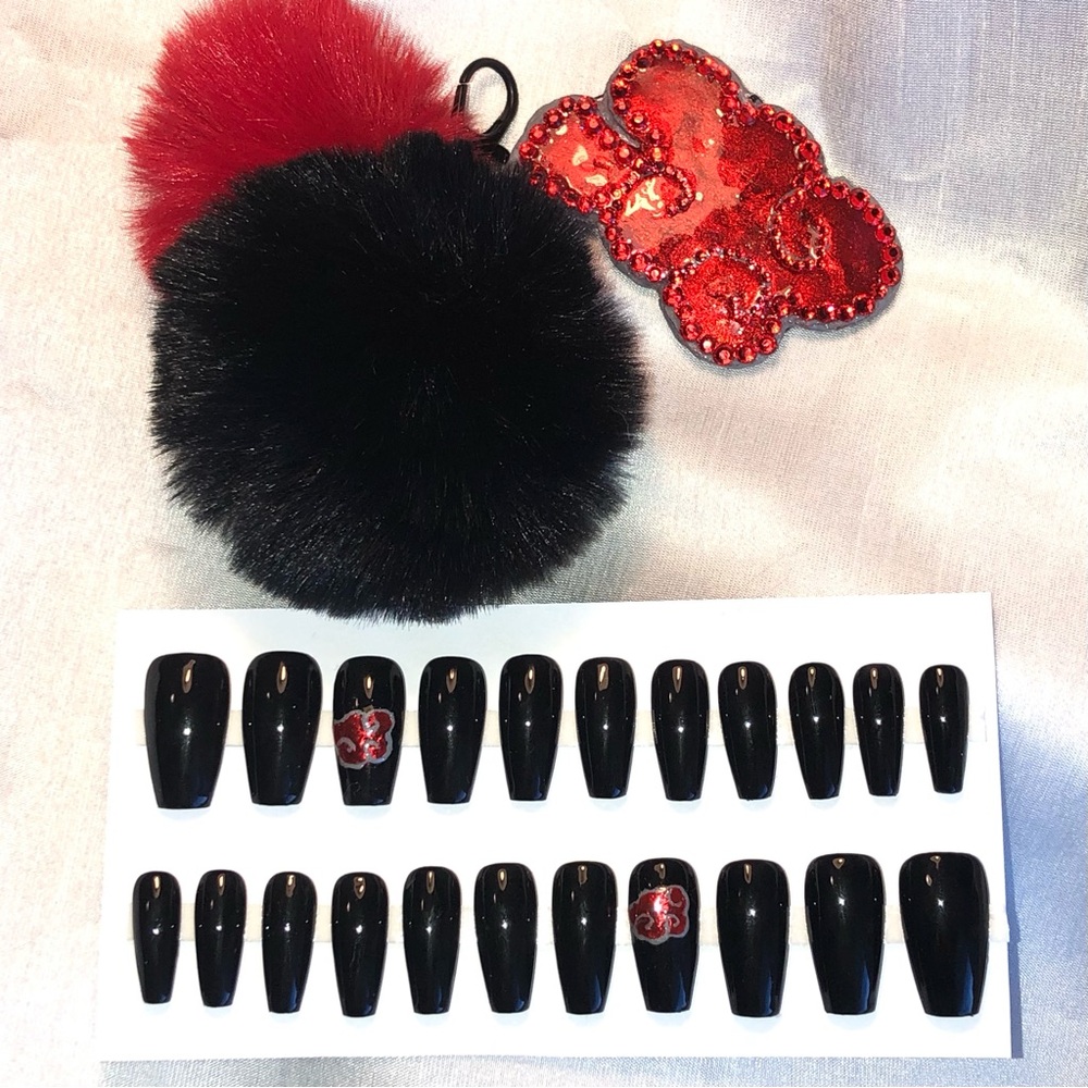 Press On Nails Handmade Custom Medium Length Coffin Akatsuki Theme + Keychain